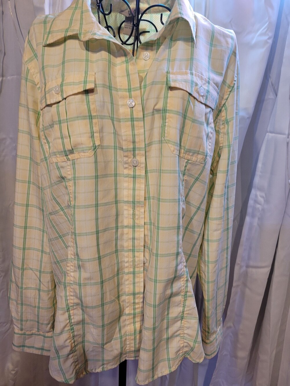 Duluth Trading Co Light Yellow Plaid Button-Down with Green Stripes